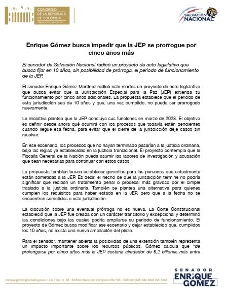 El senador Enrique Gómez presentó un acto legislativo para impedir que la Jurisdicción Especial para la Paz (JEP) extienda su funcionamiento más allá de marzo de 2028 y trasladar a la justicia ordinaria los procesos pendientes - crédito Salvación Nacional