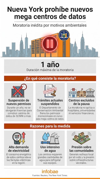 Infografía de la prohibición de centros de datos en Nueva York. Incluye horizonte urbano, símbolo de pausa, edificios, centros excluidos e iconos de electricidad, agua y casas.