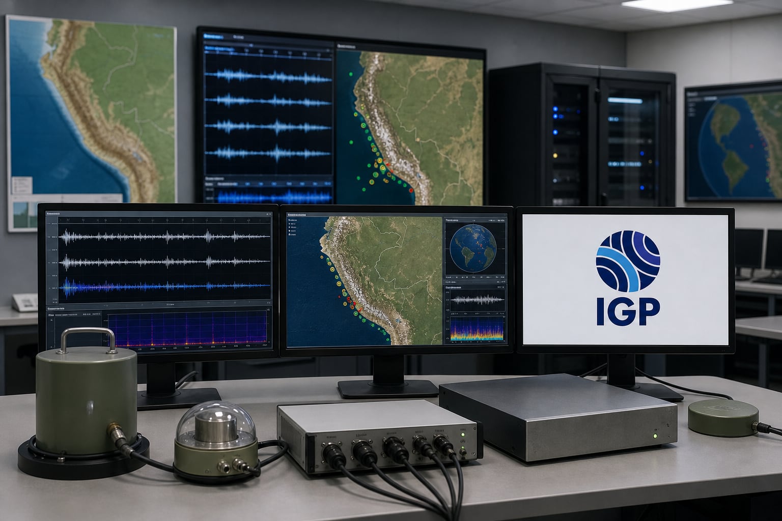 Una estación del Instituto Geofísico del Perú registra datos y mapas de actividad sísmica en tiempo real mediante monitores y equipos de medición. (Imagen Ilustrativa Infobae)