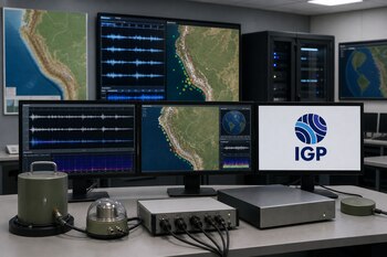 Monitores con gráficos de ondas sísmicas, mapas de Perú y el logotipo del IGP junto a equipos de medición sobre un escritorio.