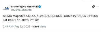 (X @SismológicoMX)