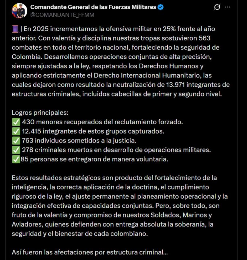Las Fuerzas Militares de Colombia neutralizan a 13.971 integrantes de GAO durante operaciones en 2025, según balance oficial - crédito @COMANDANTE_FFMM / X