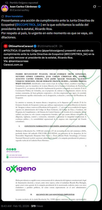 Sanción electoral impulsa petición de Oxígeno para separar a Roa Barragán de la presidencia de Ecopetrol - crédito Oxígeno/@JCardenasRey