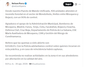 El alcalde Nelson Parra reportó que un incendio en Mondoñedo ya está controlado en un 90% - crédito @nelsonhparra/X