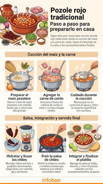Infografía ilustrada con seis pasos para preparar pozole rojo, con imágenes de ollas, licuadora, sartén, chiles y un tazón servido.