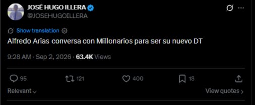 El periodista barranquillero informó que existe un interés de Millonarios por el técnico uruguayo-crédito @JOSEHUGOILLERA/X