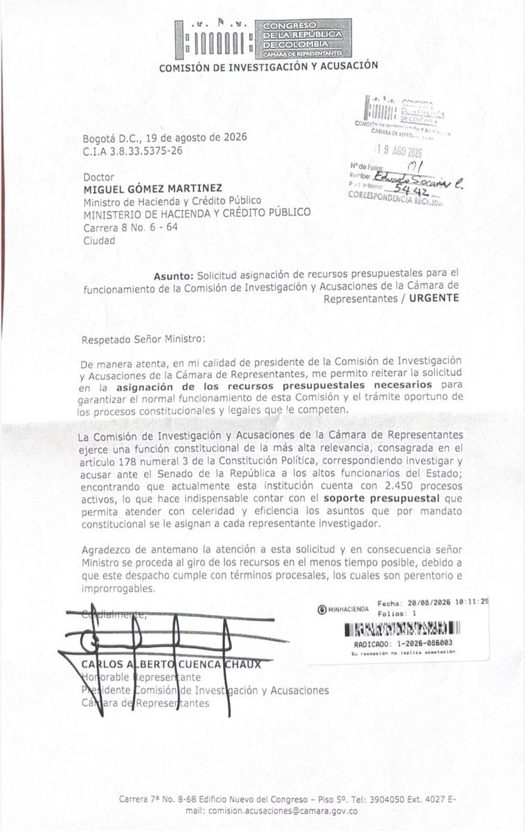 Carlos Alberto Cuenca solicitó al ministro de Hacienda, Miguel Gómez Martínez, la asignación de recursos para asegurar el funcionamiento de esa instancia y el avance de los expedientes bajo su competencia - crédito suministrada