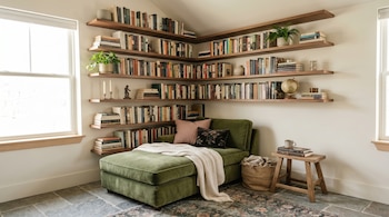 Un rincón interior con una chaise lounge verde, estanterías de madera repletas de libros y plantas, un globo terráqueo y una ventana a la izquierda.