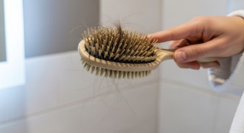 Una mano sostiene un cepillo para el cabello con hebras de pelo enredadas sobre las púas. Fondo de baño.