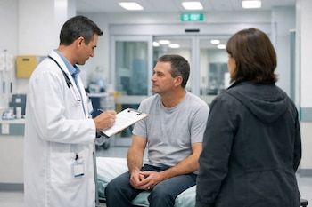 Médico con bata blanca, estetoscopio y credencial. Hombre sentado en camilla. Mujer de pie. Fondo de hospital con señalética de salida y puertas automáticas.
