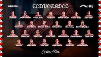 Gráfico con 26 retratos de jugadores de fútbol paraguayos y sus nombres, el título 'CONVOCADOS', logos de la Albirroja y firma de Gustavo Alfaro