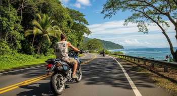 Hombre en motocicleta sin casco en una carretera costera, bordeando el mar con vegetación densa, palmeras y cielo azul con nubes.