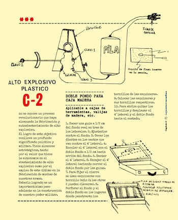 Diagramas manuscritos detallando la fabricación de un explosivo plástico C-2 y la construcción de un doble fondo para una caja de madera, con texto