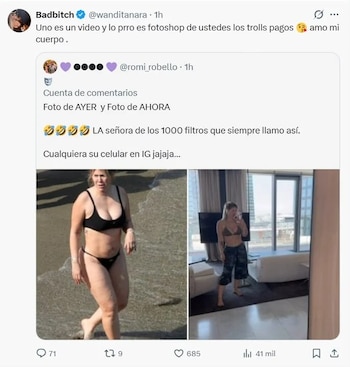 Captura de pantalla de una publicación de red social que incluye dos fotografías de Wanda Nara, una en bikini en una playa y otra en bikini con pantalón en un interior, y texto