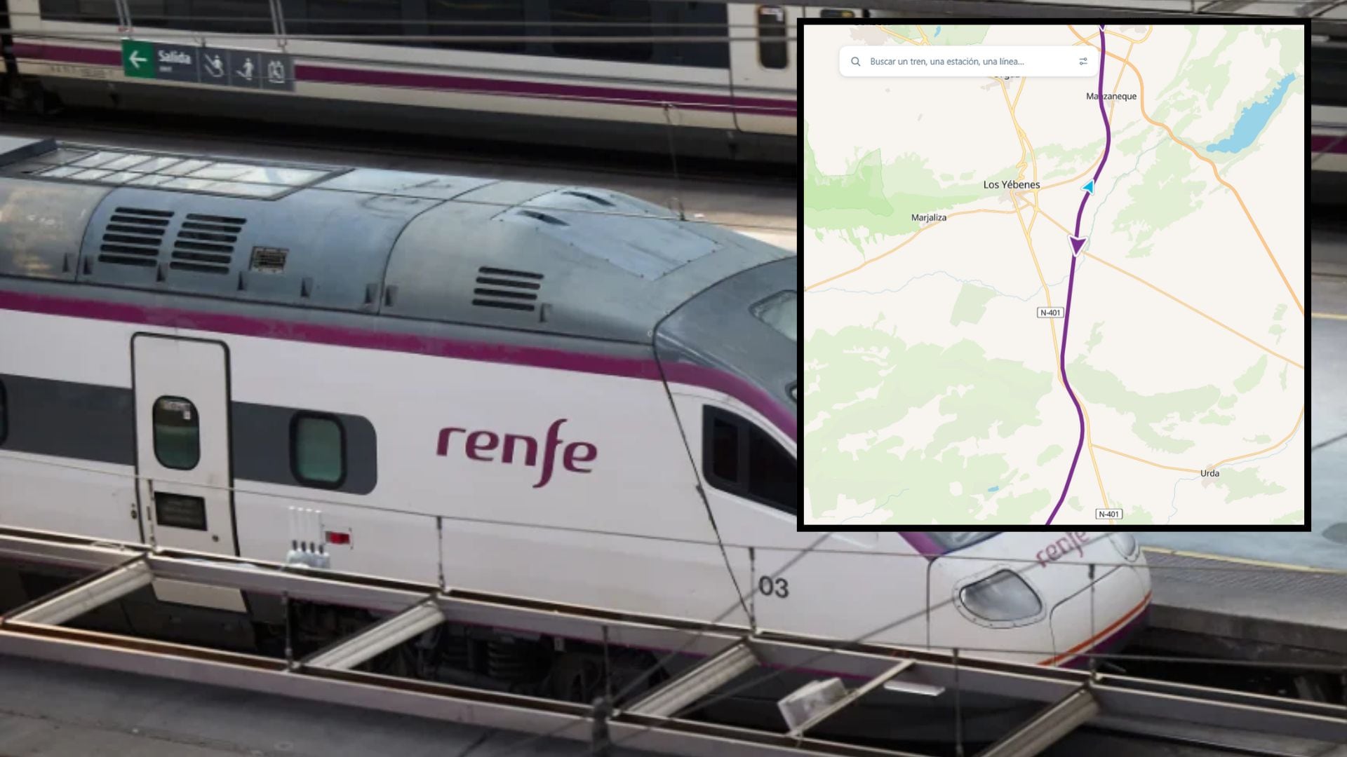 Un mapa de seguimiento ferroviario en Los Yébenes señala el tren colisionado (Train Tracker 34)