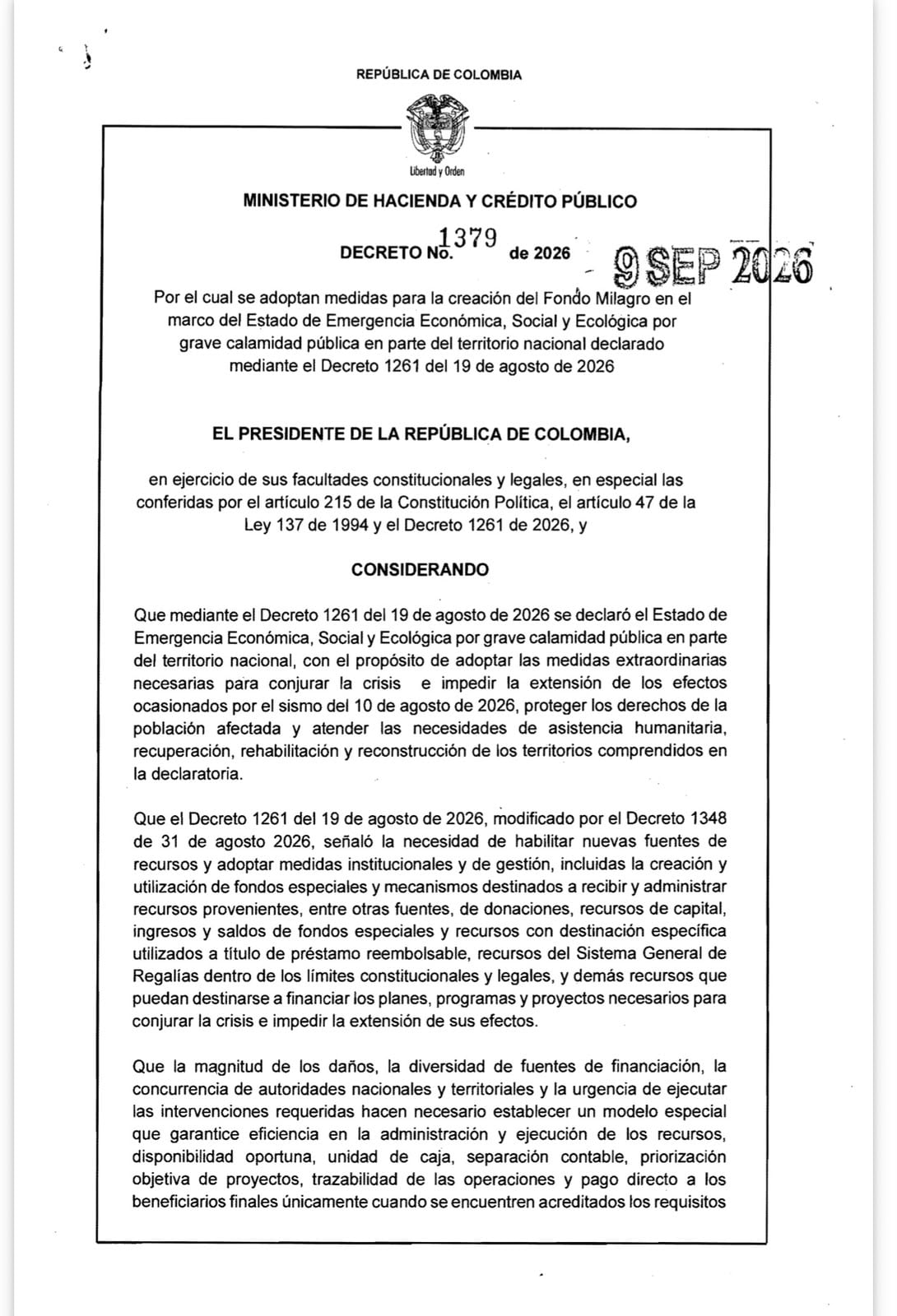 El Decreto 1379 dejó en firme la creación del ‘Fondo Milagro’, que coordinará recursos para la reconstrucción y la entrega de ayudas humanitarias - crédito Dapre