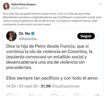 Sofía Petro desmiente querer generar desmanes a causa de la violencia que azota gran parte del territorio nacional - crédito @sofiapetroa/X