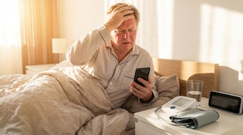 Hombre en pijama sentado en la cama con la mano en la cabeza, mirando un teléfono móvil. En mesita de noche: tensiómetro, vaso con agua, reloj despertador.