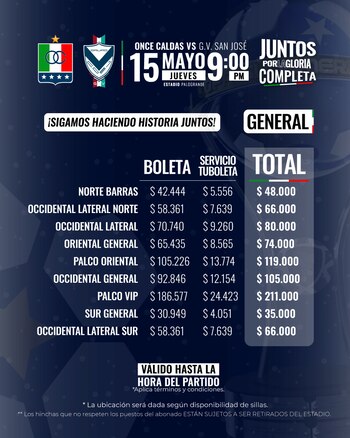 Estos son los precios para el partido clave del Once Caldas ante los bolivianos de San José - crédito @oncecaldas / X
