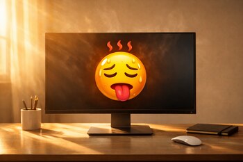 Un monitor de pantalla plana moderno muestra un emoji de sudor en su centro, situado sobre un escritorio minimalista iluminado por una intensa luz cálida de ventana.