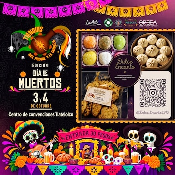 Afiche con ilustraciones de calaveras, pan de muerto y bebidas, junto a fotografías de postres artesanales y un código QR sobre fondo oscuro