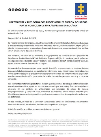 El Ejército es vinculado a proceso por fallecimiento de campesino en acción contra ELN - crédito Fiscalía