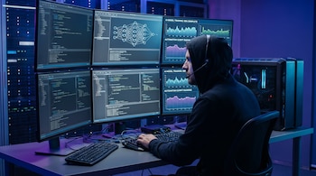 Un ingeniero de TI con capucha y auriculares trabaja en una estación de trabajo con seis monitores que muestran código, redes neuronales y gráficos de progreso de IA.