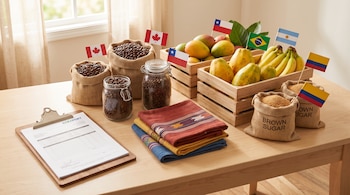Mesa con sacos de café, tarros de granos, cajas de mangos, papayas y plátanos, textiles doblados, sacos de azúcar morena y un portapapeles con documentos COEXPORT.