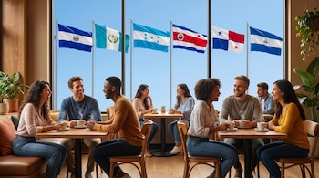 Un grupo diverso de personas conversando y bebiendo café en una cafetería. Al fondo, a través de las ventanas, se ven las banderas de seis países centroamericanos.