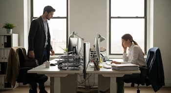Dos escritorios contiguos en una oficina moderna. Un hombre con abrigo se retira; una mujer trabaja con papeles apilados y una computadora frente a una ventana.