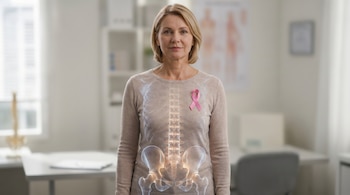 Retrato de una mujer rubia con suéter beige y una cinta rosa, mostrando su columna vertebral, pelvis y caderas de forma transparente, con un fondo de consultorio médico.