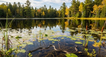 Un lago tranquilo rodeado de un denso bosque con árboles verdes y amarillos. Varias serpientes oscuras nadan cerca de la orilla entre nenúfares y plantas acuáticas.