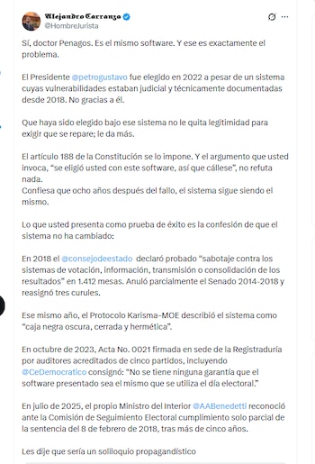El abogado Alejandro Carranza afirmó que el software electoral de la Registraduría es vulnerable y que debió ser cambiado, como lo estableció el Consejo de Estado en 2018 - crédito @HombreJurista/X