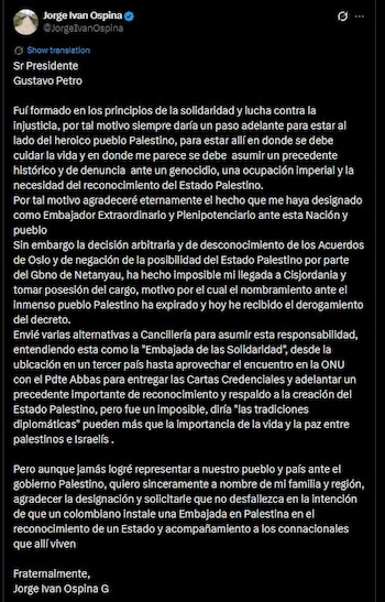 Jorge Iván Ospina agradeció la