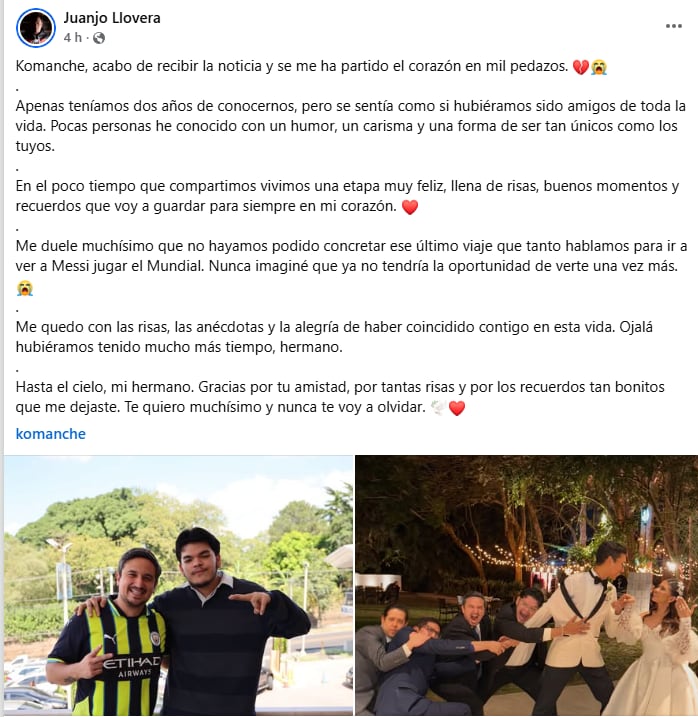 Llovera contó que apenas llevaban dos años de conocerse, pero sentía que habían sido amigos de toda la vida.