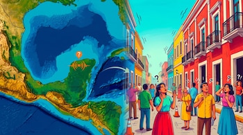 Ilustración que divide la imagen entre un mapa batimétrico de la Península de Yucatán con un epicentro sísmico y una calle colonial con personas asustadas.