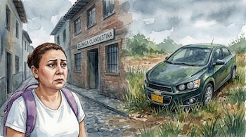 Acuarela: Mujer preocupada con mochila lila frente a una "Clínica Clandestina" de ladrillo. A la derecha, coche Chevrolet Sonic verde abandonado en la hierba.