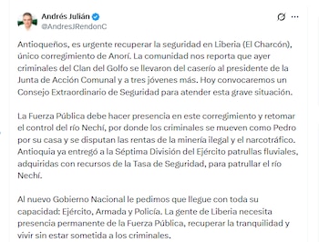 El gobernador Andrés Julián Rendón informó sobre el secuestro de cuatro personas en Anorí - crédito @AndresJRendonC/X