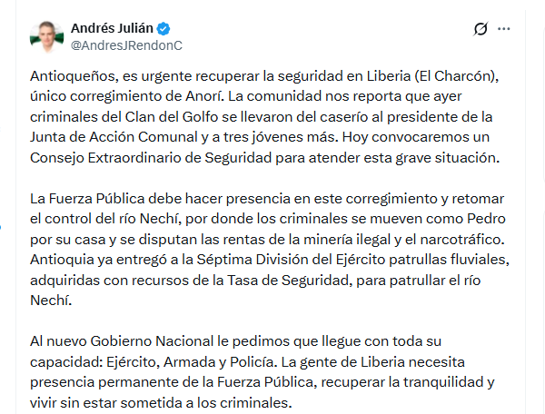 El gobernador Andrés Julián Rendón informó sobre el secuestro de cuatro personas en Anorí - crédito @AndresJRendonC/X