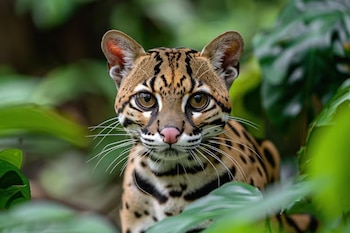 Un ocelote con pelaje manchado y nariz rosada mira de frente entre hojas verdes
