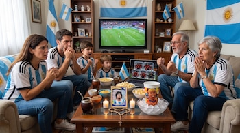 Seis personas con camisetas de Argentina en una sala con banderas. Mesa de centro con mates, bocadillos, foto de Maradona, vela, rosario. Computadora y vaso con jugadores congelados.