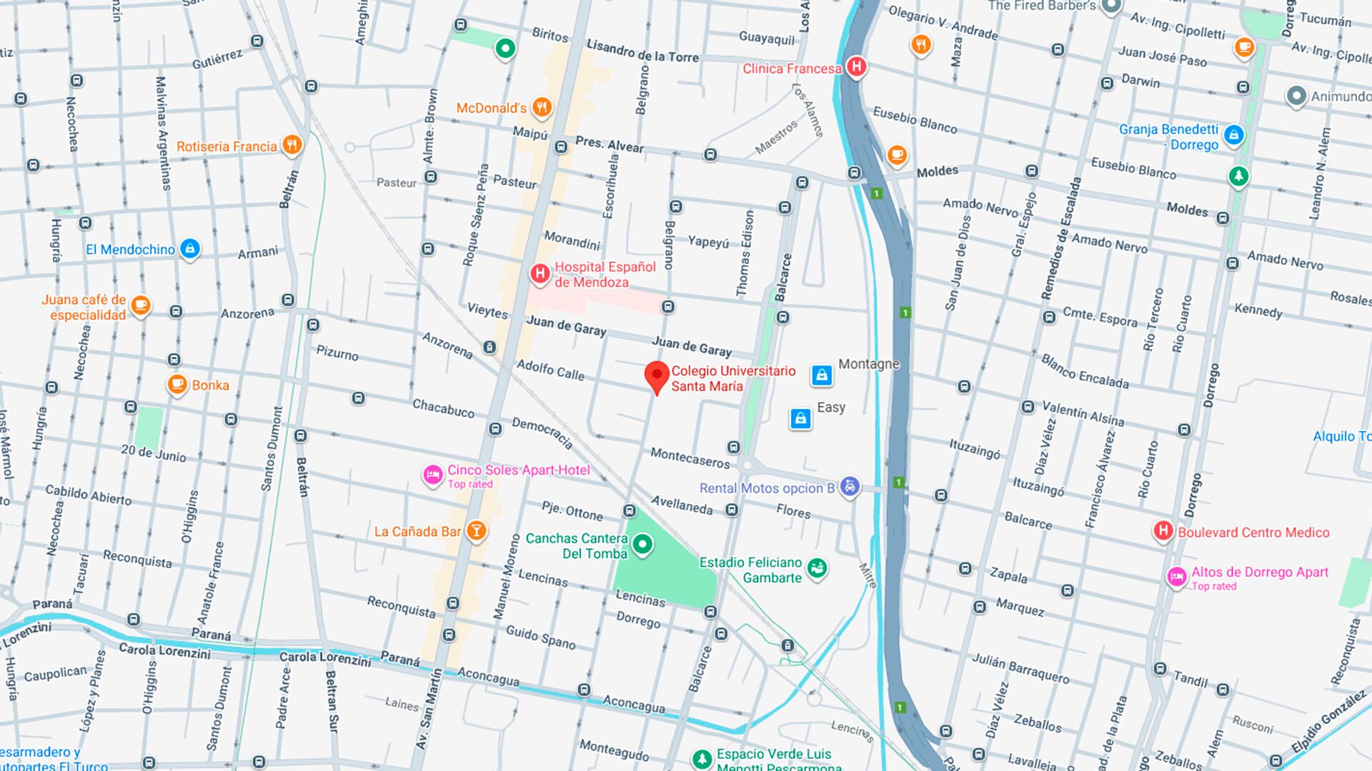 La ubicación del colegio universitario en Godoy Cruz, Mendoza (Google Maps)