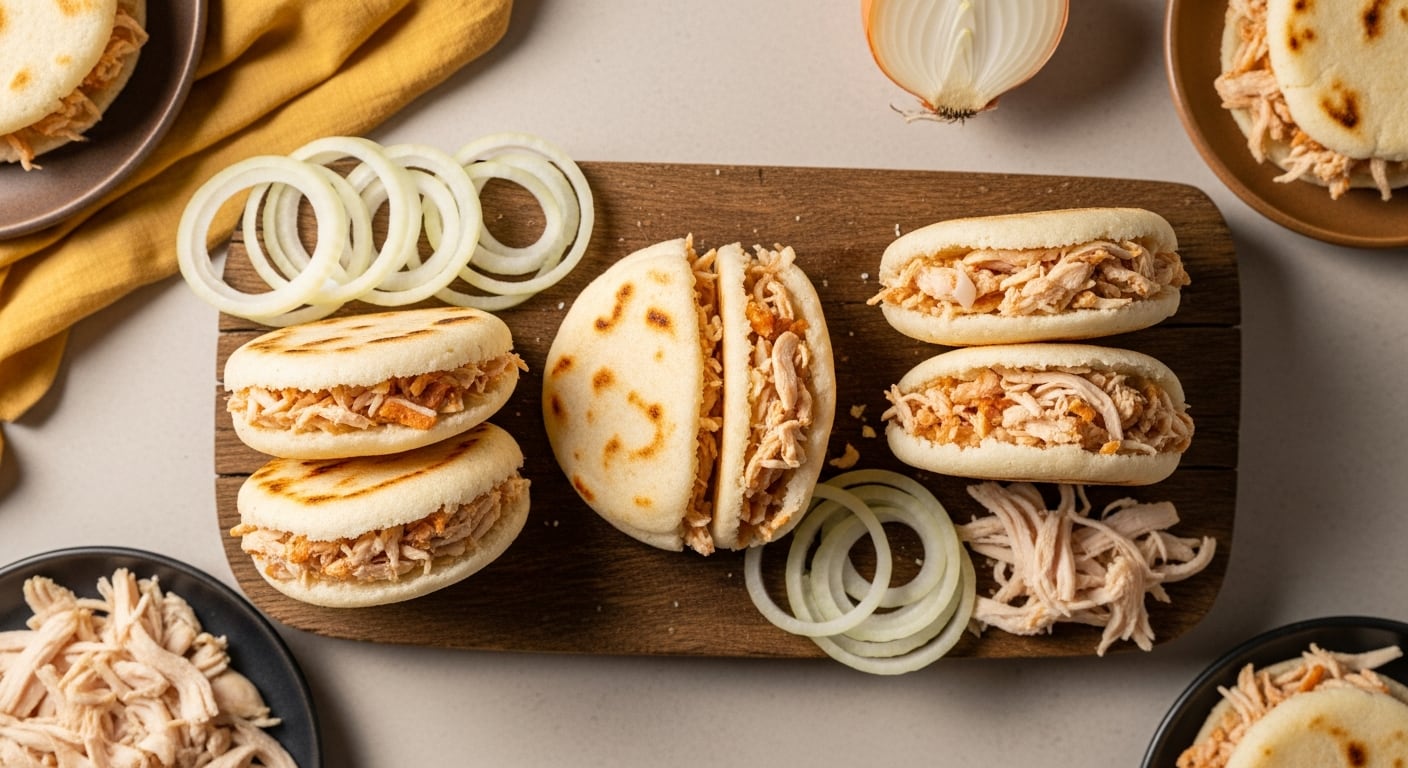 Receta de arepas rellenas con pollo y cebollas, rápida y fácil