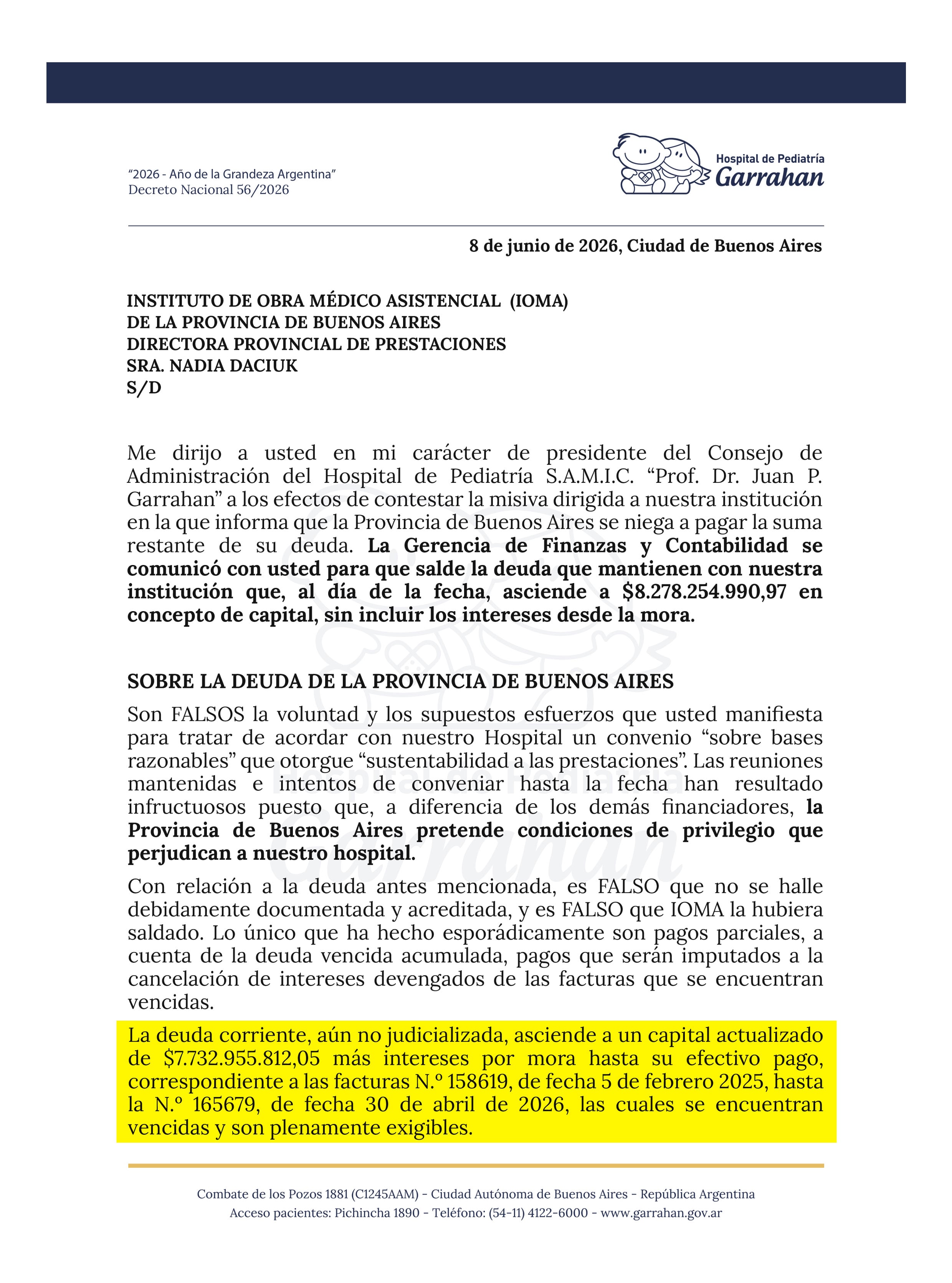 Las autoridades del Hospital Garrahan reclaman una deuda multimillonaria por parte de la obra social de la provincia de Buenos Aires