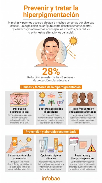 Infografía sobre hiperpigmentación con ilustraciones de piel oscurecida, exposición solar, tipos de piel, protectores solares y envases de productos tópicos.