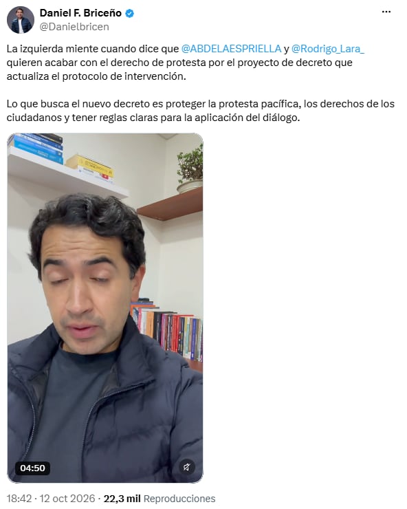 Daniel Briceño defendió el decreto que fija ocho casos de intervención en protestas - crédito @Danielbricen/X