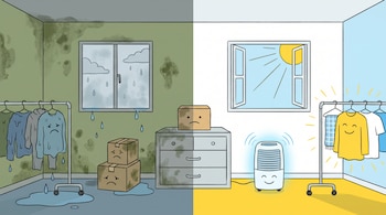 Habitación dividida: izquierda, paredes con moho, ventana lluviosa, ropa mojada y cajas. Derecha, ventana abierta, sol, deshumidificador, ropa seca.