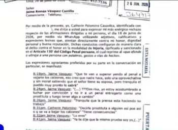 Documento legal con encabezado, fecha 26 JUN. 2026, nombres Catherine Palomino y Jaime Vásquez Castillo, y extractos de mensajes de chat
