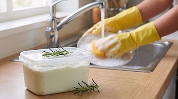 Recipiente de plástico con pasta blanca y romero sobre una mesada junto a un fregadero con agua corriente y platos enjabonados.