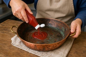 Manos de una persona vertiendo salsa de tomate desde un frasco rojo dentro de una cacerola de cobre sobre una mesa de madera.